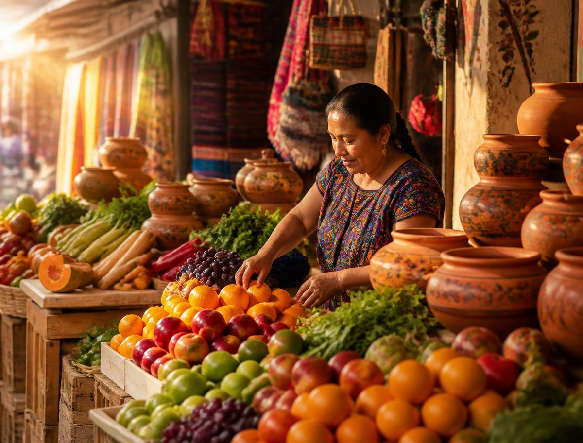 Mercado hispano con frutas frescas, textiles artesanales y cerámica de barro